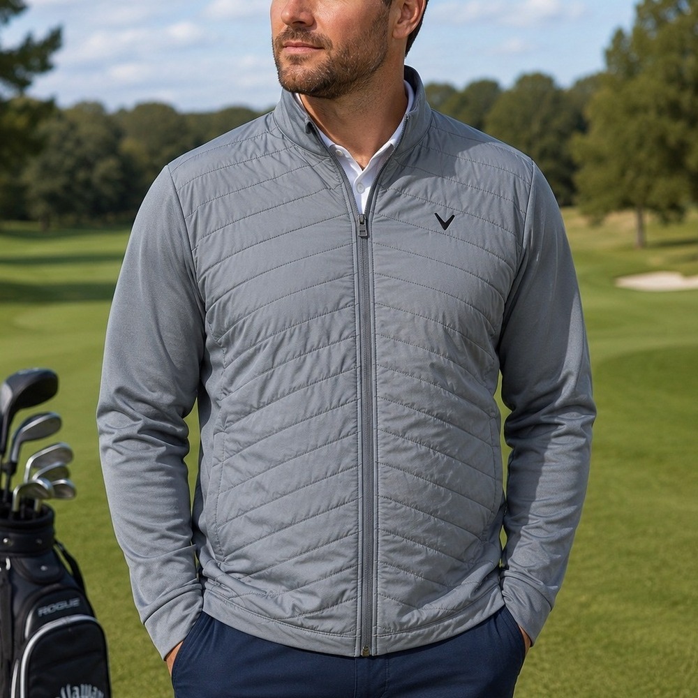 Callaway Mens Grey Quilted Hybrid Full Zip Golf Jacket Large Thermal Insulated
